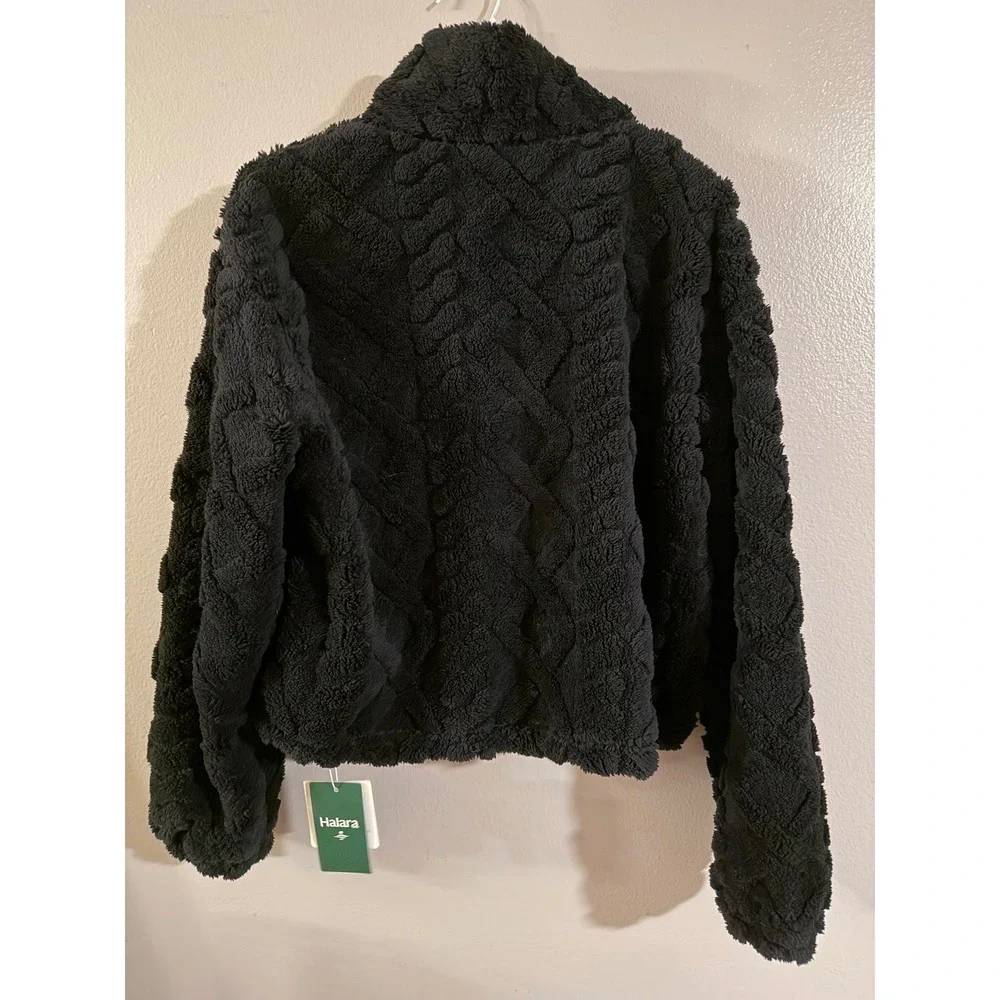 Halara Black Teddy Fleece Cable Knit Textured Full Zip Jacket Women's Size Med